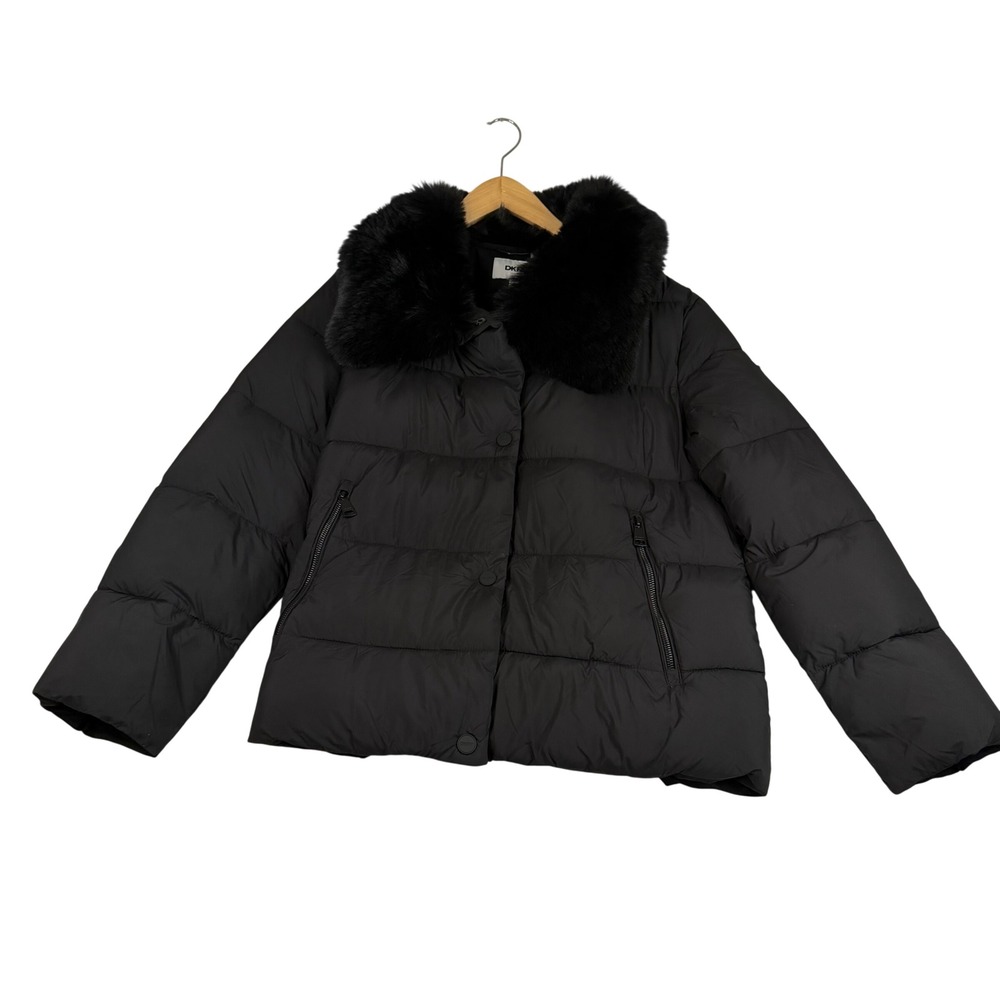 DKNY Black Puffer Jacket Faux Fur Collar Repreve Recycled Fill Womens Large